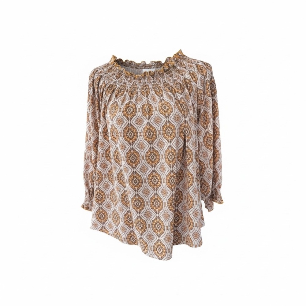 Melloday Peasant Blouse Bohemian Smocked Neck Long Sleeve‎ Top